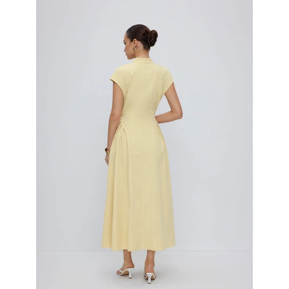 Cider STAND COLLAR TIE-NECK SHORT SLEEVE DRAPED POCKET FLARED MAXI DRESS XL 10